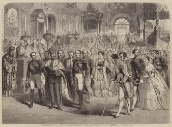 De kroning van de tsaar, de keizerlijke processie verlaat de kathedraal van de Ontslapenis